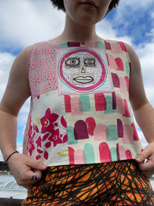 dragonfruit face / Isabella Tank / 1-of-a-kind / hand-painted + collaged