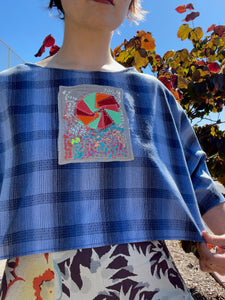 a wheel or a whirlpool of color / Juniper Crop Tee / one-of-a-kind / hand-embroidered & collaged